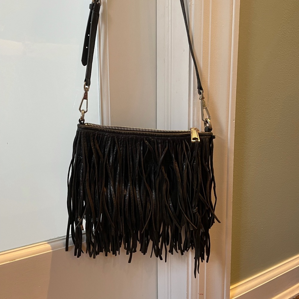 Rebecca Minkoff black leather crossbody bag with fringe